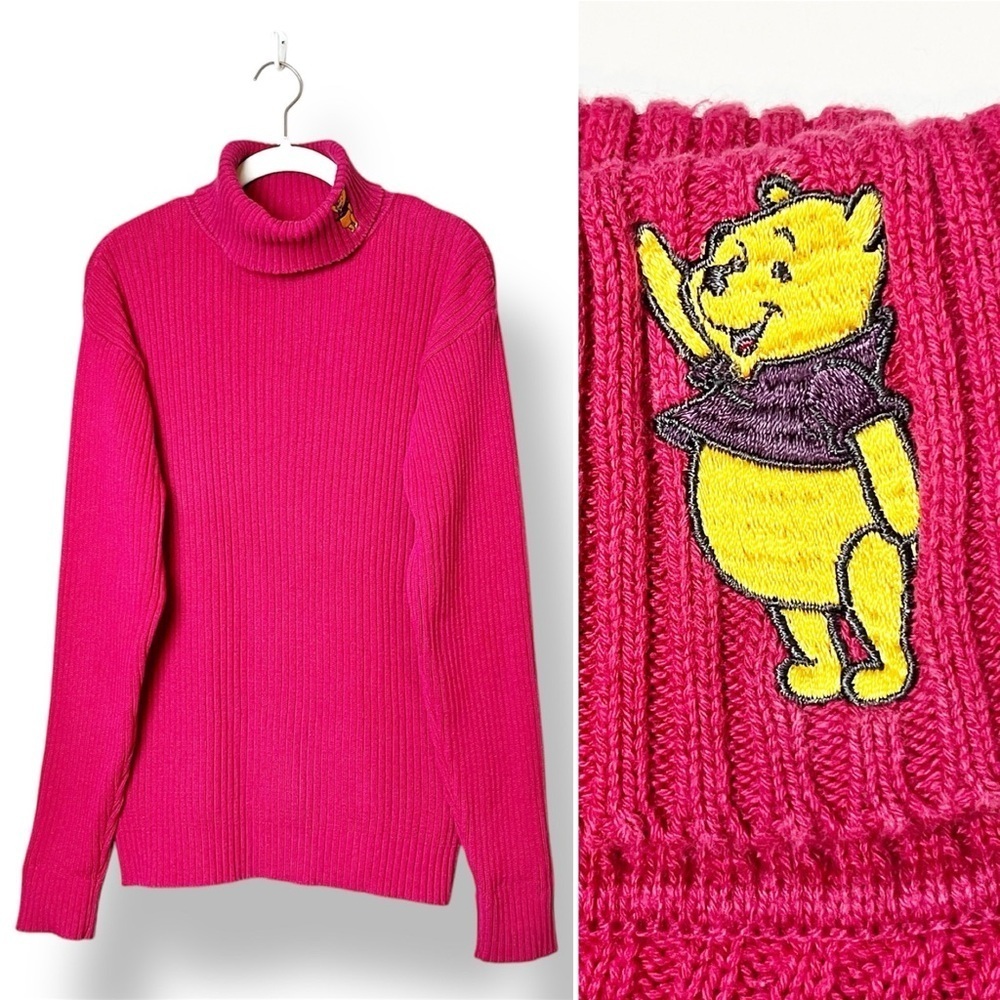 VTG Disney Winnie the Pooh Ribbed Turtleneck Sweater‎ Large 90s hot pink cotton